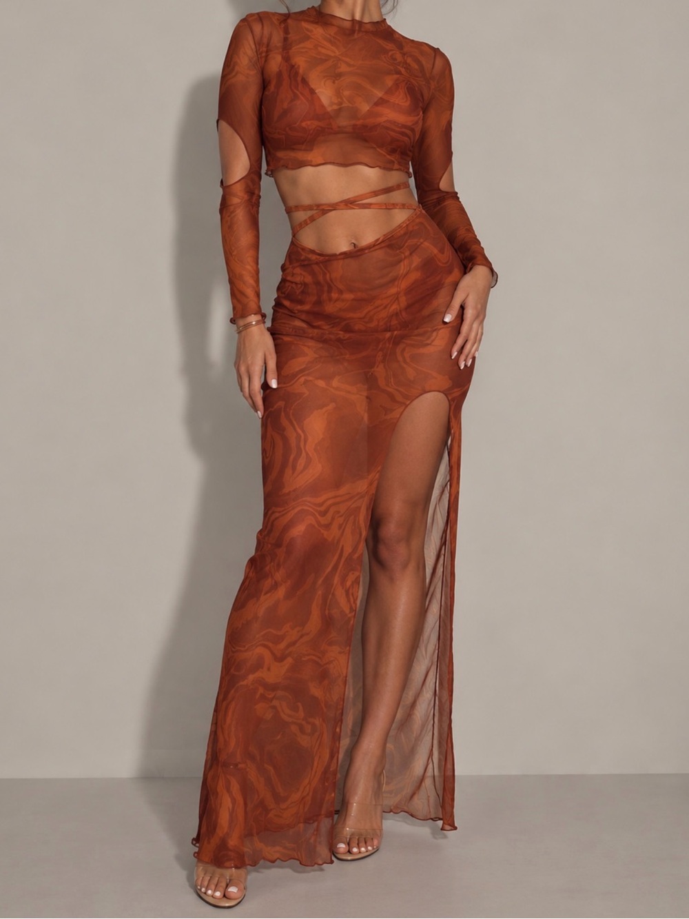 Rust Marble Sheer Cutout Bikini Cheeky Swimsuit and Cover-Up Beach Vacation Set